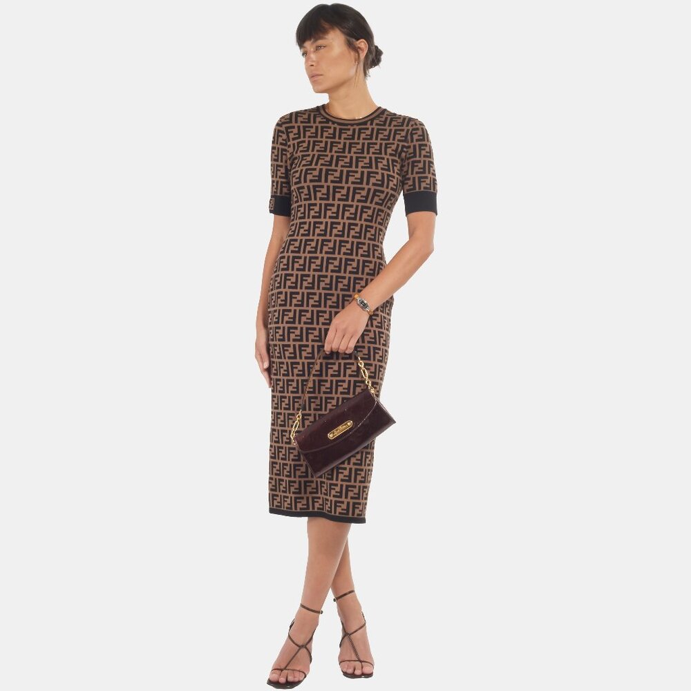 Fendi Brown Cotton Logo Jacquard Stretch Midi Dress